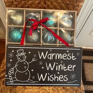 Christmas Ornaments and wooden Holiday Sign